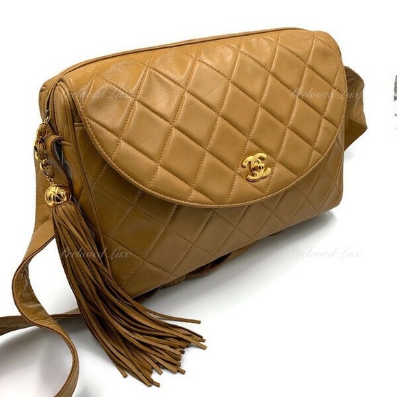 Authentic CHANEL Lambskin Camel (Dark Beige) Large Camera Bag with Tassel - Picture 4 of 12